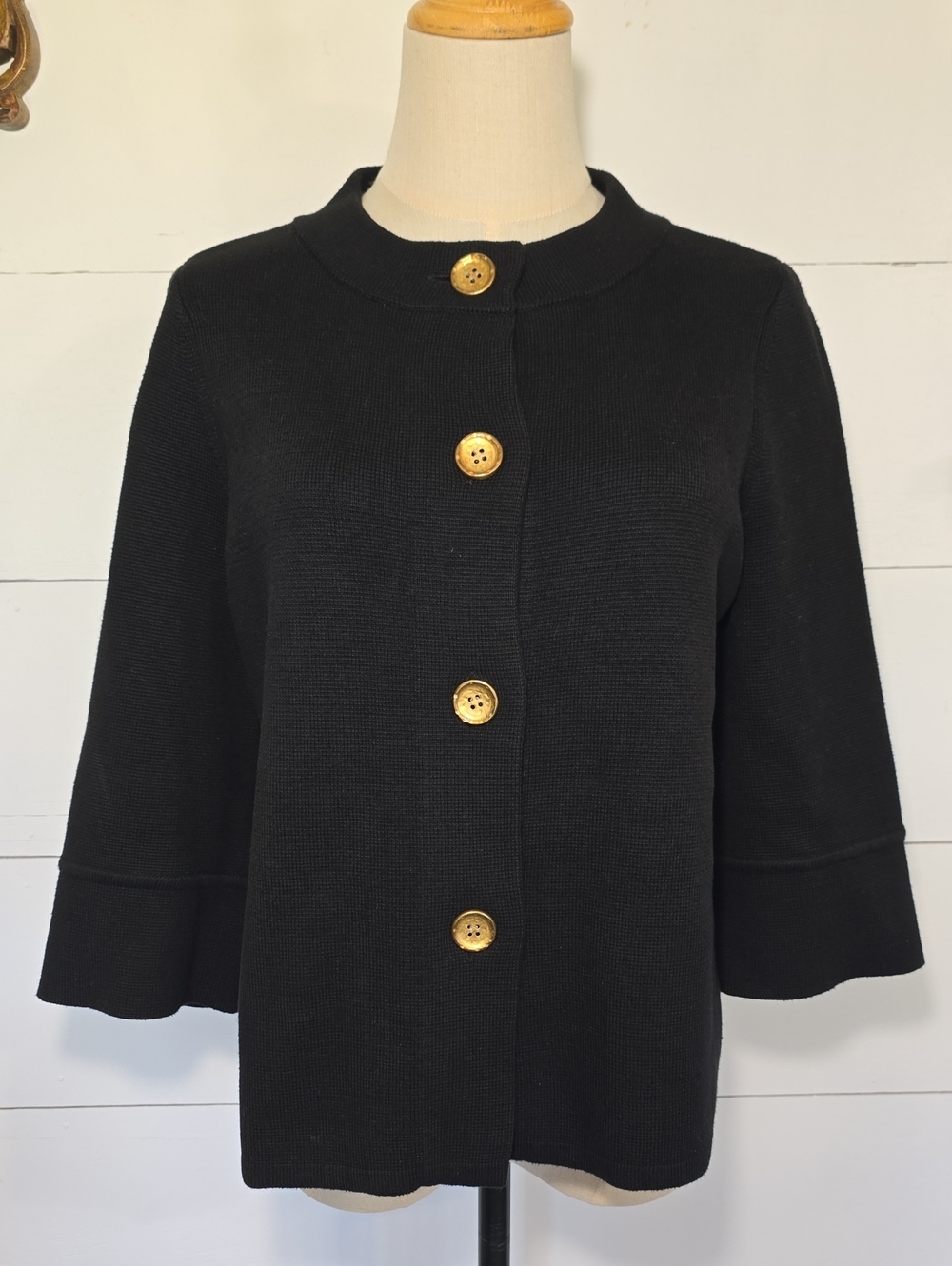 J.McLaughlin Black Structured Knit Sweater Jacket Cardigan Gold Buttons M